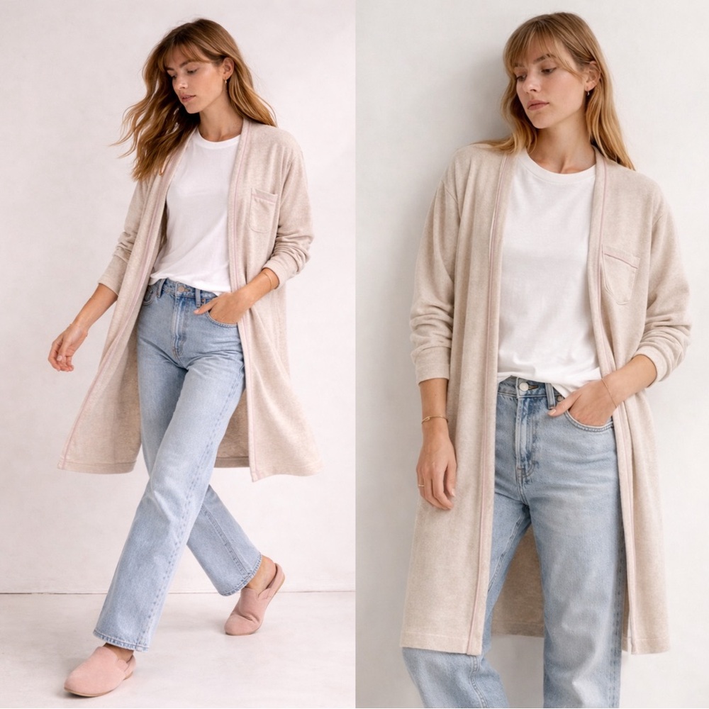 Madewell Soft Knit Open Front Bathrobe Cardigan Blush Trim Women’s Size Medium